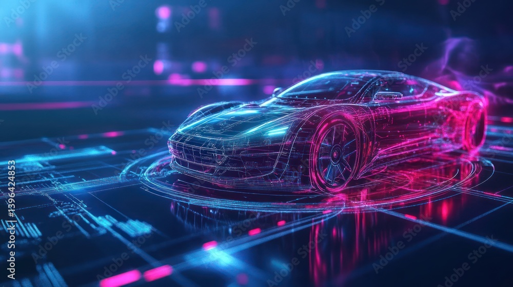 Poster futuristic automotive design showcasing neon grid structure and advanced tech