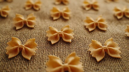 Farfalle pasta, arranged on a burlap background, with a soft focus effect