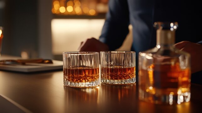 Elegant bartender serving two glasses of whiskey on a polished bar with ambient lighting