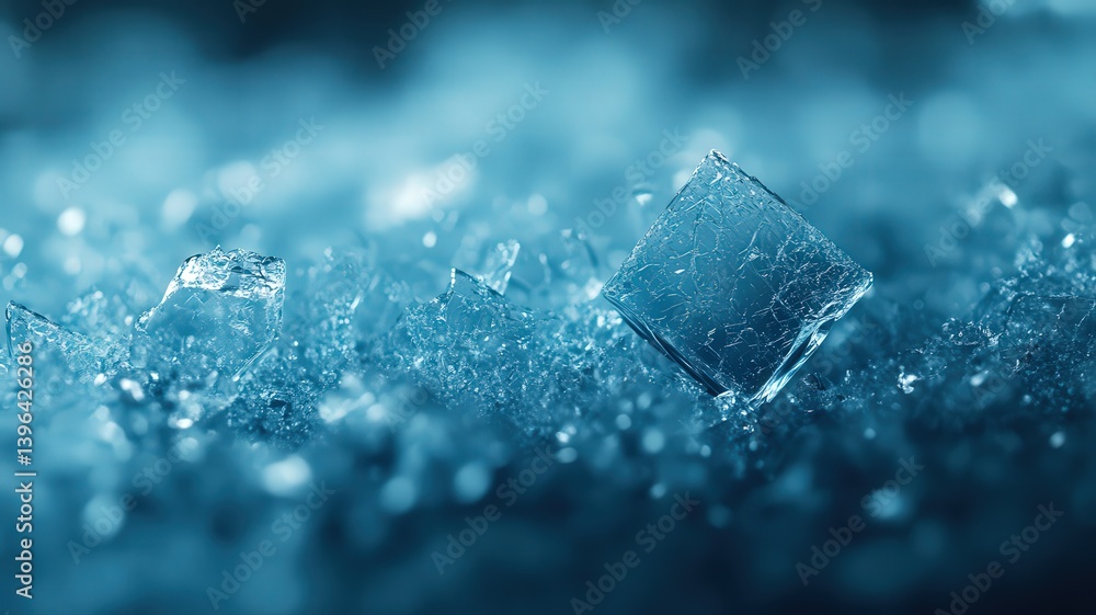 Aufkleber blue ice cube macro sparkling with light shards on frozen background