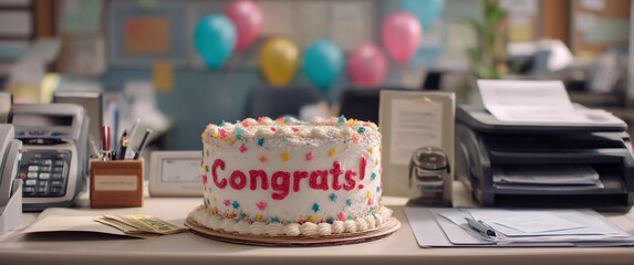 Celebratory office gathering with cake, balloons, cash, and desk supplies