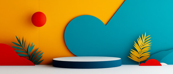 Obraz premium A vibrant, abstract backdrop featuring bold colors, geometric shapes, and decorative foliage, ideal for creative presentations or displays.