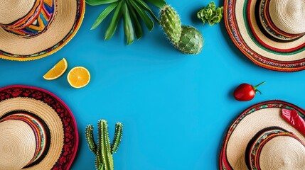 Arrangement with Sombreros, Cacti, and Fruit on Blue