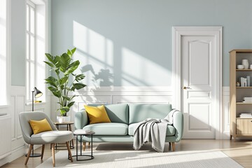Stylish living room with light green sofa, yellow pillows, wooden furniture, houseplant and soft sunlight on pastel wall background. Concept of cozy interior. Ai generative