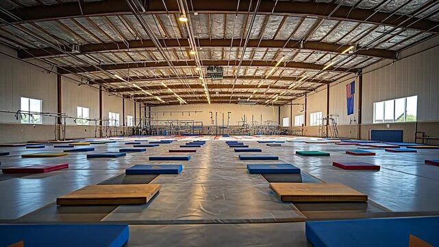 Spacious indoor training hall with cushioned mats
