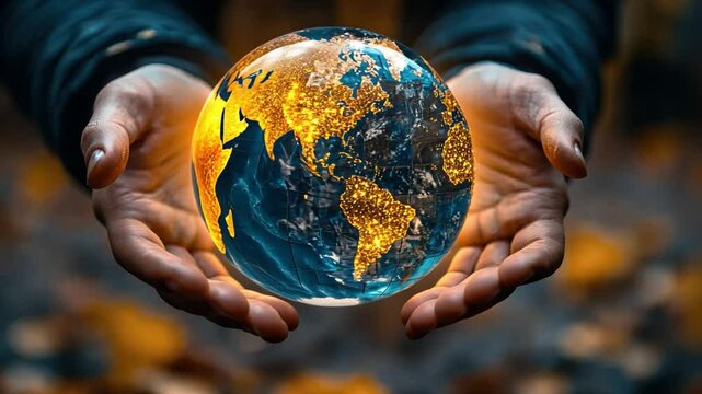 Holding the World: A symbol of global care and environmental stewardship, a pair of hands cradles a radiant representation of Earth, bathed in a warm, inviting light.