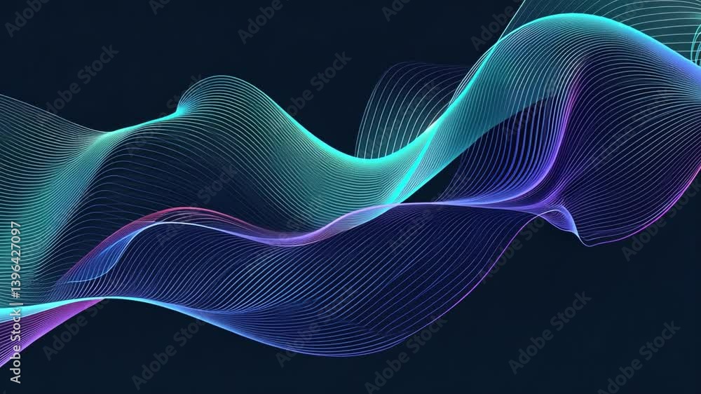 Poster vibrant abstract wave design with flowing lines in smooth gradients of blue, purple, and teal, creat