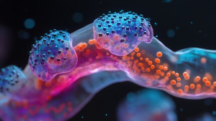Detailed Microscopic View of Cell Structure and Biological Processes with Orange Dots
