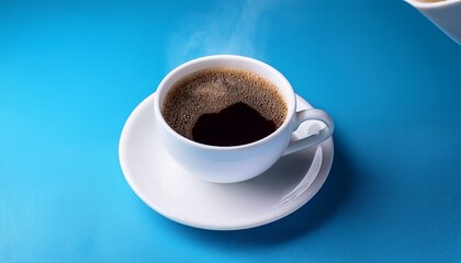Fototapeta premium ライトブルーの柔らかな背景に浮かぶ白いカップ、ブラックコーヒーとその蒸気が生み出す温かい雰囲気