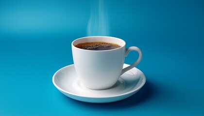 Obraz premium ライトブルーの柔らかな背景に浮かぶ白いカップ、ブラックコーヒーとその蒸気が生み出す温かい雰囲気