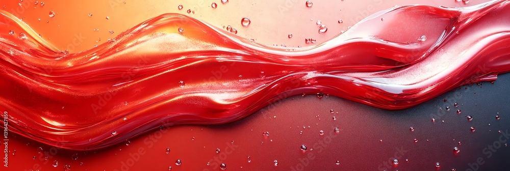 Poster abstract flowing red liquid with water droplets on gradient background