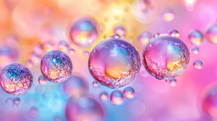 Floating vibrant iridescent orbs, bokeh lights with rainbow hues. Macro