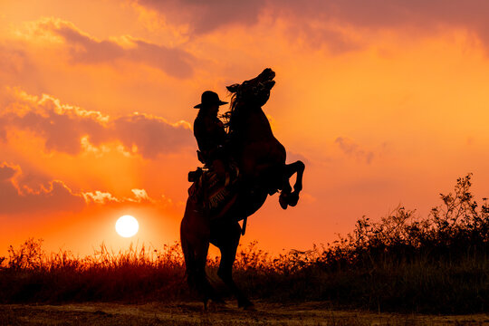 Abstract image of cowboy riding on a horse against colorful sunset sky. Silhouette of rider in cowboy costume sit on powerful and smart horse on sunrise background.