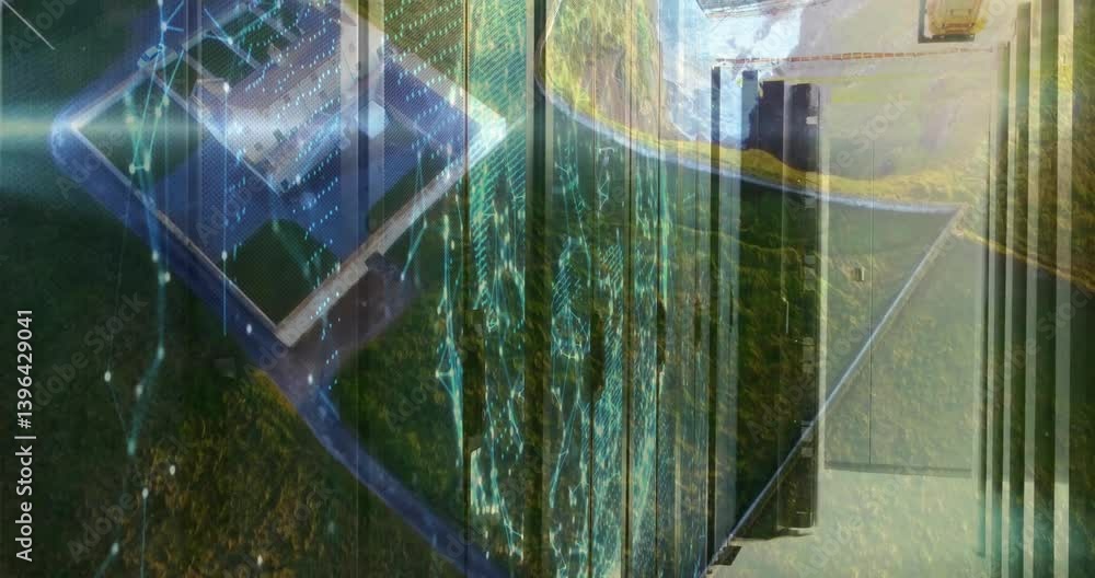 Aufkleber animation of digital data patterns overlaying aerial view of city and greenery