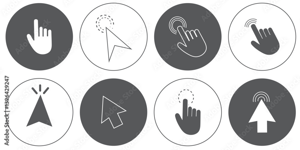 Poster mouse cursors and pointers, linear style icon set. on-screen navigation and user interactions. curso