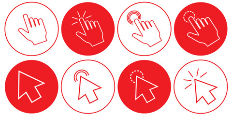Mouse Cursors and Pointers, linear style icon set. On-screen navigation and user interactions. Cursor designs arrows, hands. Clicking, selecting, dragging actions. Hand and mouse click icon.