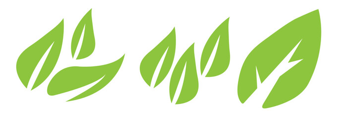 Green leaf vector icons. Eco leaf logo. Simple linear leaves of trees and plants. Elements for eco friendly and bio logo, vegan. Green leaves collection. Ecology leaf element. Eps 10.