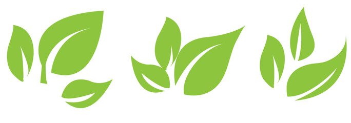 Green leaf vector icons. Eco leaf logo. Simple linear leaves of trees and plants. Elements for eco friendly and bio logo, vegan. Green leaves collection. Ecology leaf element. Eps 10.