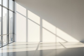 Empty minimalist interior with large windows and sunlight shadows on a clean white wall, modern architectural style on a bright urban background, creative concept. Ai generative