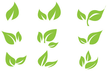 Green leaf vector icons. Eco leaf logo. Simple linear leaves of trees and plants. Elements for eco friendly and bio logo, vegan. Green leaves collection. Ecology leaf element. Eps 10.