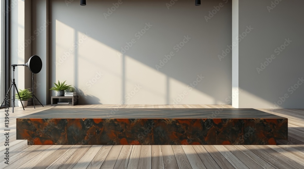 Poster modern display platform with a unique marbled design in a minimalist studio setting.