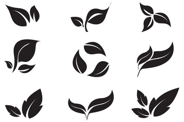 Eco leaves black set. Collection of graphic elements for website. Symbol of spring and summer. Natural and organic cosmetics products. Cartoon flat vector illustrations isolated on white background.