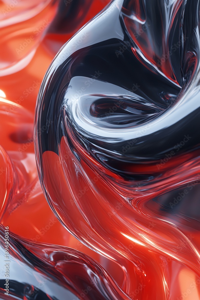 Poster abstract metallic form swirling with red and chrome reflection art