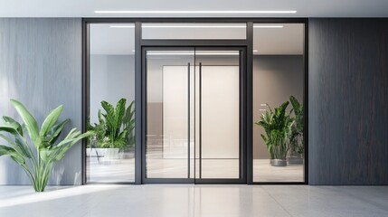 Corporate office entryway with modern glass doors and aluminum paneling, creating a sleek aesthetic.
