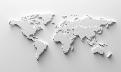 World Map Relief: An artistic relief rendering of the world map, highlighting continents and countries in a clean, minimalist style, suitable for geographical and educational use.