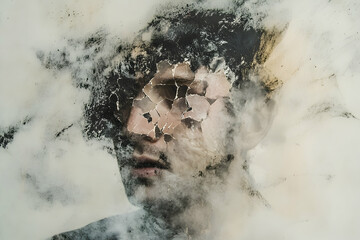 A weathered face, fractured and obscured by time and decay.