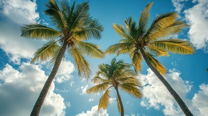 Three palm trees reaching for a vibrant, cloud-filled sky.