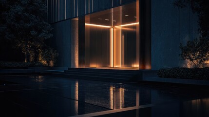 Fototapeta premium Minimalist commercial building entrance with glass and aluminum doors opening into a well-lit office.