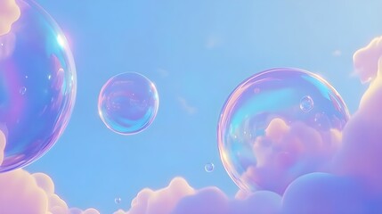 Colorful Bubbles Floating in a Blue Sky with Soft White Clouds