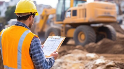 A Hispanic construction worker reviewing safety protocols at a construction site. Featuring responsibility and diligence