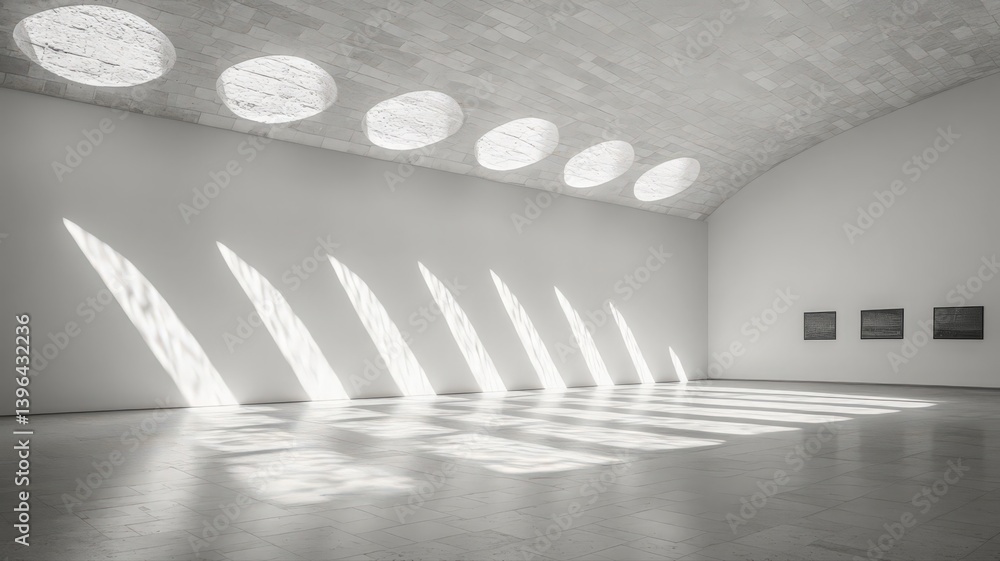 Poster bright empty room with circular skylight pattern on floor in modern white architecture showing geome