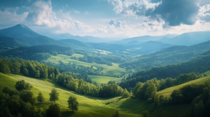 Fototapeta premium Serene Mountain Vista: A Breathtaking Panorama of Rolling Hills and Lush Forests Under a Cloudy Sky
