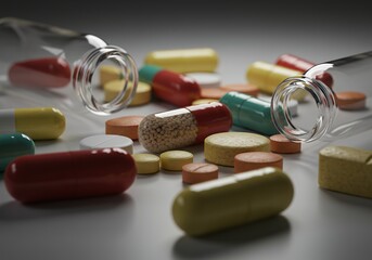 Spilled capsules and tablets with vial