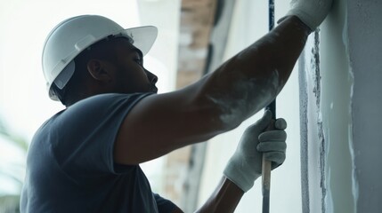 A Hispanic construction worker sealing joints at a construction site. Featuring attention to detail and precision