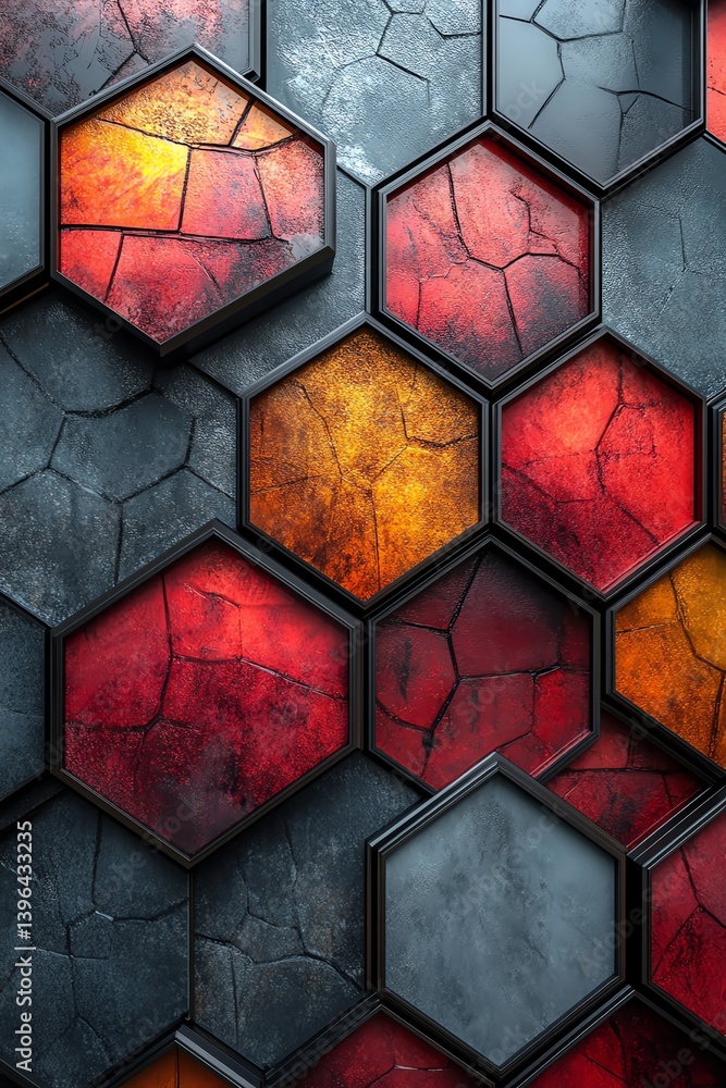 Poster abstract hexagon pattern with red and yellow colors and stone texture