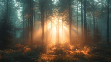 Obraz premium Sunbeams through the Misty Forest