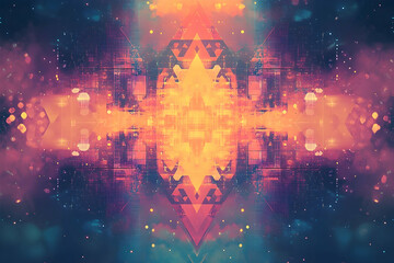 A vibrant, symmetrical abstract design featuring a kaleidoscope of geometric shapes and glowing colors.