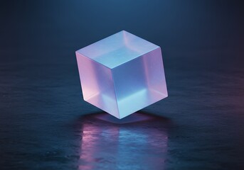 Glowing futuristic cube on dark surface