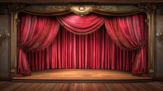24.A classic red theater curtain pulled slightly to one side, framing an empty stage with soft lighting, creating a refined, atmospheric backdrop for creative and design uses in theater-related
