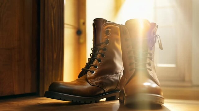A pair of brown leather boots positioned near a doorway, suggesting readiness for adventure.