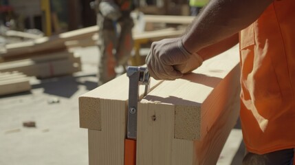 A Hispanic construction worker securing a wooden beam at a construction site. Featuring focus and teamwork