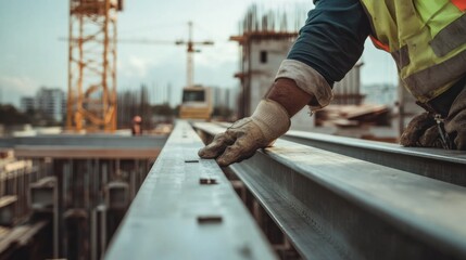 A Hispanic construction worker securing beams at a construction site. Featuring teamwork and strength
