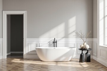 Elegant bathroom interior with white freestanding tub, artistic vases on modern table, sun rays through window, wooden floor, creative luxury design. Ai generative