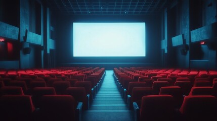 Fototapeta premium 42.An empty cinema theater with a blank, white screen and rows of unoccupied red seats, the lighting dimmed to emphasize the vacant space, ideal for a mockup scene or promotional advertisements.