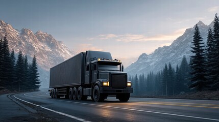 Freight Trucking Journey Through Scenic Mountains Exploring Longhaul Freight Transport in the Open Road Environment
