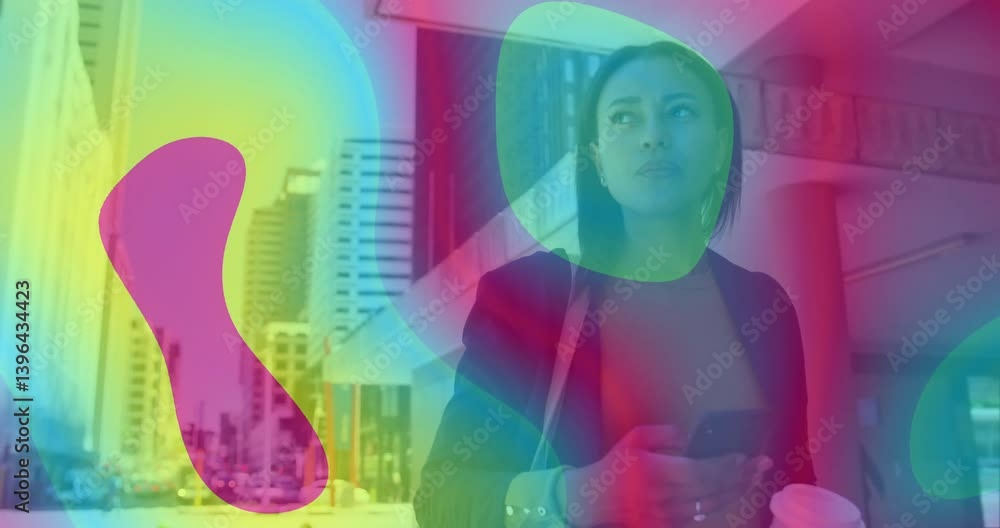 Poster using smartphone, woman with colorful abstract animation on cityscape background